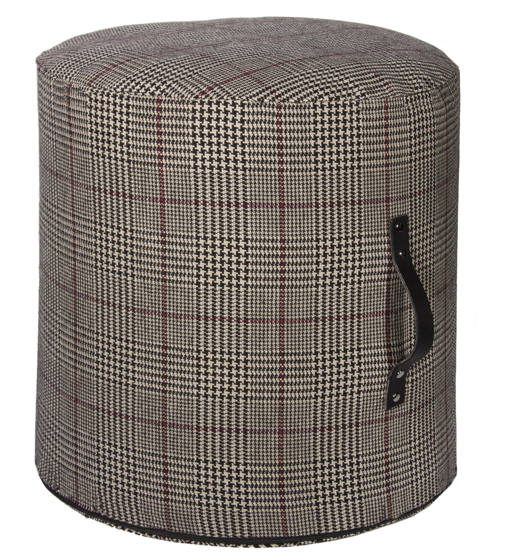 Country Style City Chic Cotswold Black Sofisticated Houndstooth Plaid Pattern Round Ottoman with Leather Handles and Nickel Rivet Feature Rigid Foam Insert with Zipper for easy removal for Laundering Proudly Manufactured in Canada