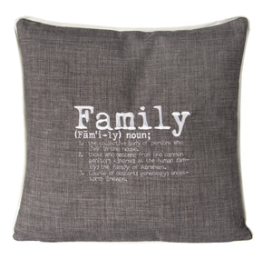 L643-FMLY 20"x20" Family Embroidered Font Flat Piped edge Chalkboard Pillow with Feather Insert part of the Lady Rosedale Chalkboard Collection