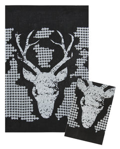 L771-BUCK 16"x24" Buck Chalkboard Set of 2 Linen Guest Towels Eco Printed and designed in Canada, Chalk Style with on trend Buck Image with Houndstooth part of The Chalkboard Collection