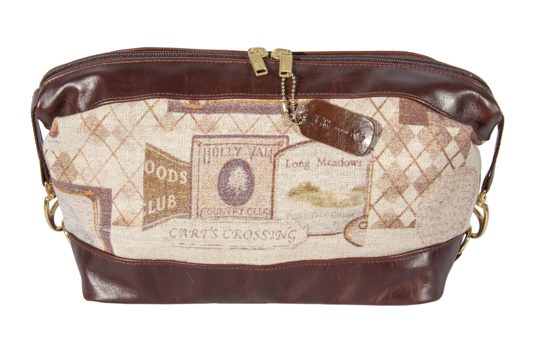 L935-GOLF Large Travel Kit Vintage Golf Images Eco printed on a Linen Poly Blend, Authentic Brown Leather Base,Trim and Handle, double Zipper. Part of The On the Tee Vintage Golf Collection and Cosmetic and Travel Collection 12